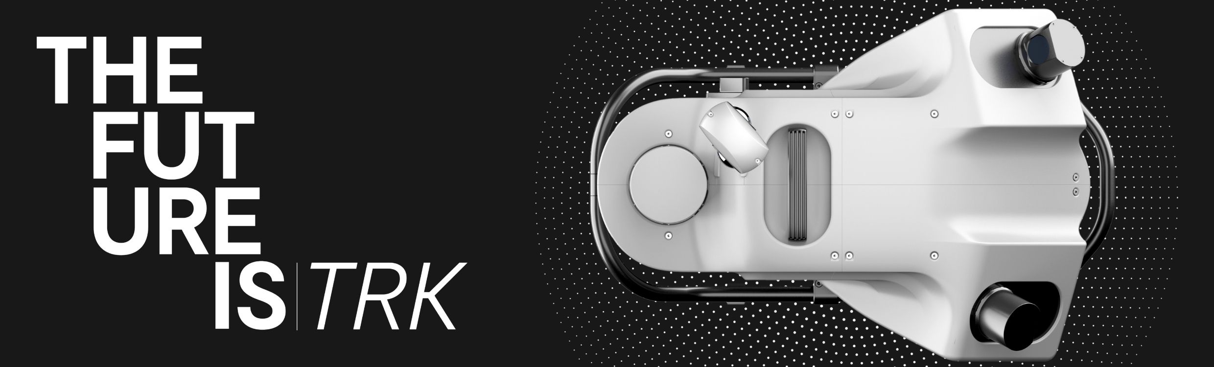 Leica Pegasus TRK Evo promotional header featuring 'THE FUTURE IS TRK' in black text, with point cloud pattern and a top-down view of the Pegasus TRK700 Evo system.